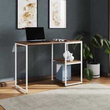 Imagem de Mesa Escritório Berlim Industrial com Prateleira Ferro Branco Tampo 110x46 Amêndoa