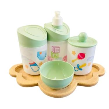 Imagem de Kit Higiene Baby Menina e Menino c/bandeja em MDF (Nuvem Crua/Verde)