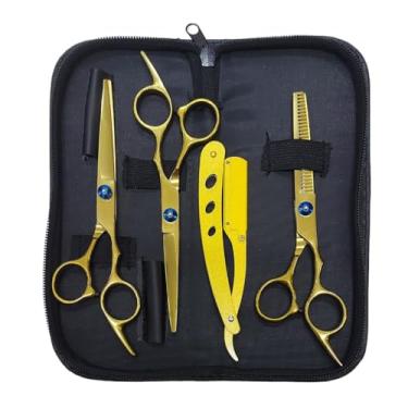 Imagem de Kit 3 Tesouras Fio Navalha Desfiadeira Profissionais Para Cabeleireiro/Barbeiro (Dourado)