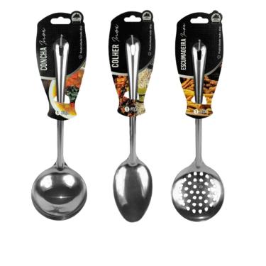 Imagem de KIT Talheres Inox Premium 32 cm GRANDE Forte e Resistente Concha Colher Escumadeira Fritura Arroz Feijão - PANAMI