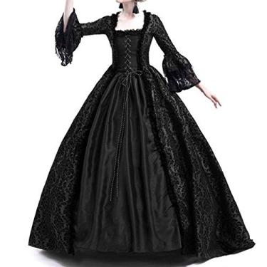 Imagem de Wraith of East Vestido Medieval Queen Vitorian Gótico Renda Manga Sino Vestido de Baile Renascentista Real Fantasia de Vampiro Fantasia Fantasia de Vampiro (Preto, GG)