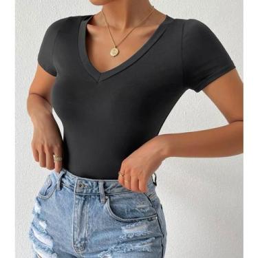 Imagem de Blusa básica feminina baby look manga curta gola v casual - Filó Modas