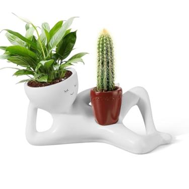 Imagem de Sederikun Vaso pequeno para homens preguiçosos para ambientes internos, lindos vasos de flores de resina para suculentas, cactos com drenagem, vaso de formato engraçado exclusivo para decoração de