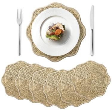 Imagem de Jogo americano redondo de 35 cm, conjunto de 6 jogos americanos recortados, boho, vime, jacinto, água, natural, em forma de flor, para casa de fazenda, tapetes de vime trançados rústicos para mesa de