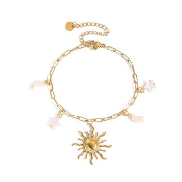 Imagem de Xeyai Pulseira feminina de aço inoxidável com pingente de ouro boêmia e estrela de sol e lua ajustável para festa de verão na praia, férias, joias, presente