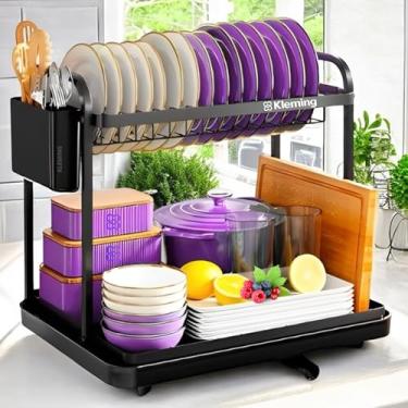 Imagem de KLEMING| Escorredor de Louças de Aço Carbono Inoxidável, Resistente à Ferrugem, Escorredor de Pratos, para Bancada de Cozinha com Bandeja Drenagem automática, Preto.