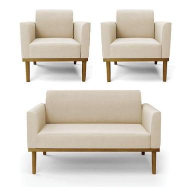 Imagem de Sofá Namoradeira Com 2 Poltronas Base De Madeira Fixa Castanho Marisa 