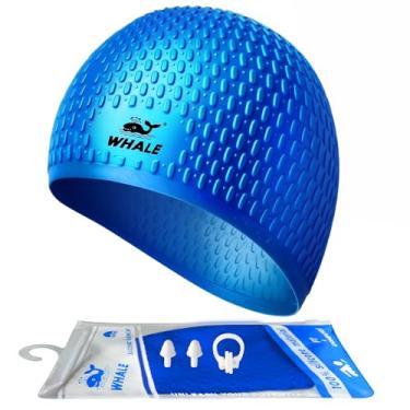 Imagem de Touca de natação grande de silicone mantém seu cabelo seco durante a natação (azul)