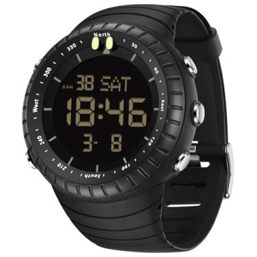 Imagem de findtime Relógio digital masculino tático à prova d'água com números grandes, alarme, cronômetro, esportivo, corrida, militar, relógio de pulso eletrônico simples, Preto, Casual
