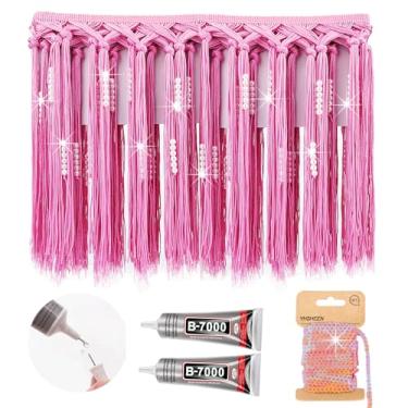 Imagem de Yhsheen Acabamento de franja rosa com pérolas elegantes, acabamento de franja de 2 jardas x 24 cm por jarda com cola B7000, borlas para artesanato para costura de cortina de roupas