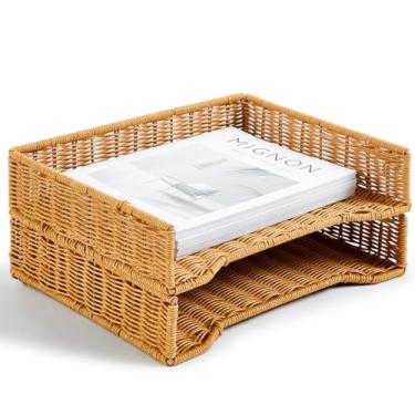 Imagem de Yeaqee 2 organizadores de bandeja de papel para mesa, bandeja empilhável para cartas, organizador de papel, tamanho carta, imitação de ratã, suporte de organização para documentos de arquivo de