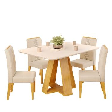 Imagem de Conjunto Sala de Jantar 4 Cadeiras Tampo Chanfrado Retangular 120cm com Vidro Kiara Cedro Off White Yasmin Linho Neve - DJ Móveis