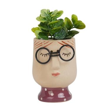 Imagem de DiliComing Cabeça de vasos de plantadores faciais – Vaso pequeno de porcelana para plantas de interior, vaso de flores inovador com óculos, vaso de suculentas para interior 7,1 x 8,1 x 10,3 cm (sem orifício de drenagem)