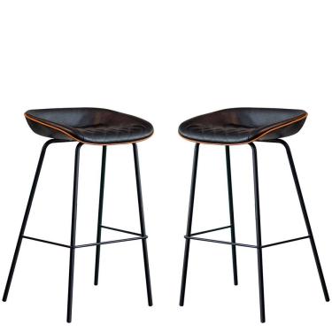 Imagem de Kit 2 Cadeira Banqueta Alta Com Assento Estofado em Couro Preta Leather EdeCasaMoveis