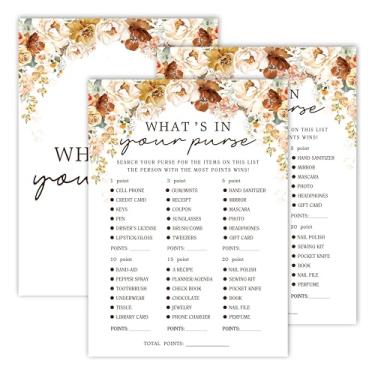 Imagem de Jogos de chá de panela, jogos de festa de casamento floral de outono, o que está na sua bolsa - Jogos de despedida de solteira, ideias de jogos de festa de noivado, lembrancinhas de suprimentos de