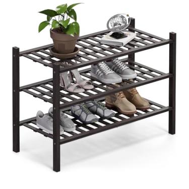 Imagem de Haddockway Organizador de armazenamento de sapatos de bambu de 3 níveis, prateleira empilhável multifuncional com painel de grade para armário, corredor, entrada, espaço pequeno 68 x 28 x 50 cm