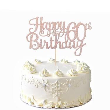 Imagem de Topo de bolo Happy 60th Birthday Cheers to 60 Years Happy Birthday Glitter Cake Topper Decoração para festa de aniversário de 60 anos, ouro rosa