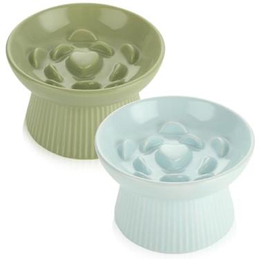 Imagem de ABuff 2 unidades de alimentador lento para gatos elevados, prato elevado de alimentação lenta para gatos e cães pequenos, tigela de cerâmica para gatos alimentadores lentos, borda alta sem