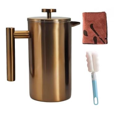 Imagem de YJX Cafeteira de 1 litro, prensa francesa de aço inoxidável, cafeteira de acampamento de 1 litro, máquina de chá, prensas de café de viagem de 1000 ml, isolamento duplo resistente ao calor (cobre)