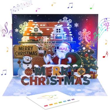 Imagem de Cartão Pop Up de Natal com luzes musicais para crianças – Feliz Natal com vila, Papai Noel, rena, boneco de neve, árvore de Natal, cartão comemorativo com luzes musicais, incluindo cartão de notas em