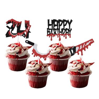 Imagem de 16 PCS Halloween 24th Birthday Cupcake Topper, Halloween Knife Bloody Decoration for 24th Bday Party, Have A Killer Birthday Cupcake Topper Black & Red Glitter