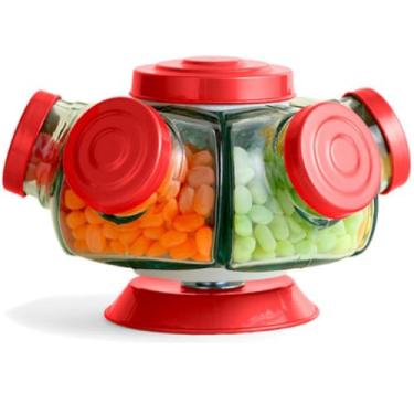 Imagem de 【Cozena】Baleiro Giratório De Vidro Bomboniere Decoração 5 Gomos Retrô Artesanal (Vermelho)