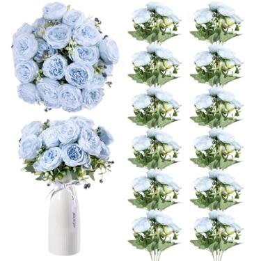 Imagem de GOSTADY 12 pacotes de flores artificiais peônias de toque real, flores falsas de seda, buquê de rosas, plantas falsas para mesa de centro de mesa, festa de casamento, decoração de casa, peônias azuis