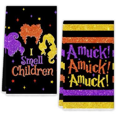 Imagem de Flaircave Conjunto decorativo de toalhas de cozinha Hocus Pocus, toalhas de prato de irmãs bruxas, decoração de baú ou petisco, decorações de Halloween para festa em casa