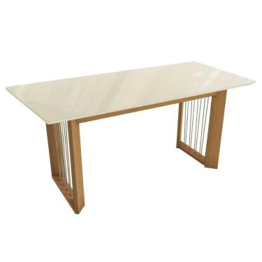 Imagem de Base Mesa de Jantar Eva Premium Madeira Maciça c/ Tampo Madeirado c/ Vidro 200x100cm Carvalho/Off White/Vidro Off White - Kappesberg