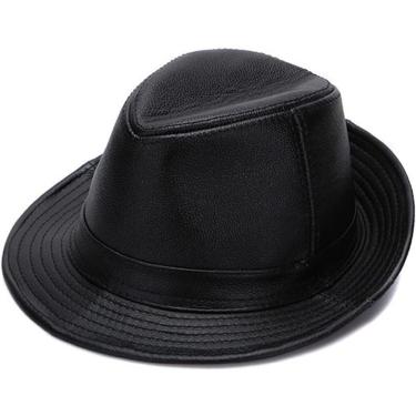 Imagem de Chapéus Fedoras Pretos Homens Couro Genuíno Retro Jazz Caps Cavalheiro Couro Real Luxo Clássico Feltro Trilby Chapéu, Nero, XXL(59-60CM)