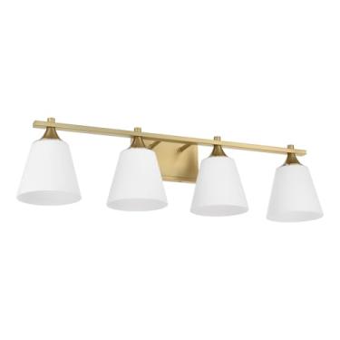 Imagem de Luminárias de latão para banheiro, 4 luzes American Traditional Gold Vanity com sombra de vidro opala, luminária de montagem na parede de varanda para banheiro, armários de espelho escadas de corredor