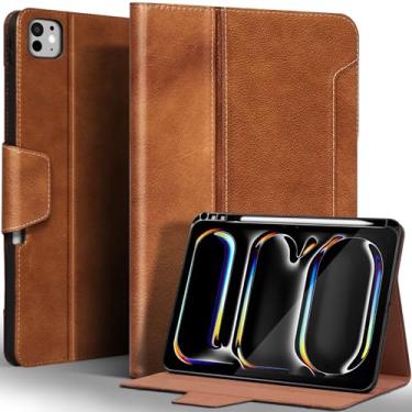 Imagem de Gexmil Capa de couro genuíno para iPad Pro 13 polegadas M4 2024 com suporte para lápis, fecho magnético, capa protetora à prova de choque de couro inteligente, suporte ajustável, hibernar/despertar