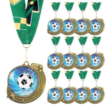 Imagem de Seenelling Troféu de bola esportiva de metal com fita de pescoço para presente para participar de jogos esportivos (12 peças, futebol dourado)