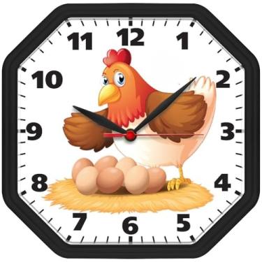 Imagem de Relógio de Parede Grande Decorativo Oitavado Preto com Galinha para Cozinha, Sala e Escritório