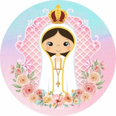 Imagem de Painel de Lona Redondo Nossa Senhora de Fátima Flores Fundo Degradê - 