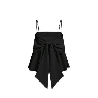 Imagem de Blusa feminina BEAUDRM preta sólida com babados na bainha e laço nas c