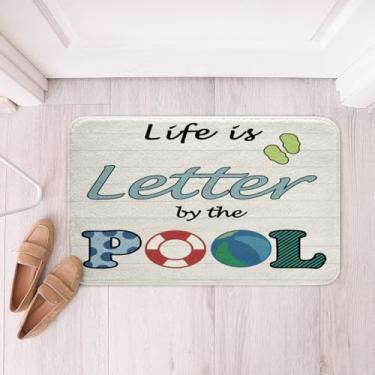 Imagem de Tapete absorvente desgrenhado com estampa de piscina tema esportivo antiderrapante tapete de banho de microfibra esportes de verão tapetes de banheiro para microfibra piso de banheiro de madeira vintage capacho interior decoração do quarto 16" x 24"