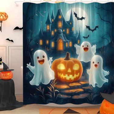 Imagem de JWJAMM Cortina de chuveiro assustadora de Halloween, fantasma, noite assustadora, lua cheia, castelo gótico, casa assombrada, laranja, abóbora, morcego, corvo, árvore morta, terror, férias, cortina de