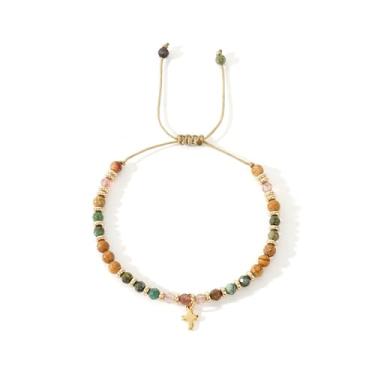 Imagem de EQUBIO Pulseira feminina com pingente de cruz turquesa africana e jaspe com contas, pedra natural de 4 mm com contas espaçadoras douradas, cordão deslizante ajustável (15 a 21,6 cm), joia boho