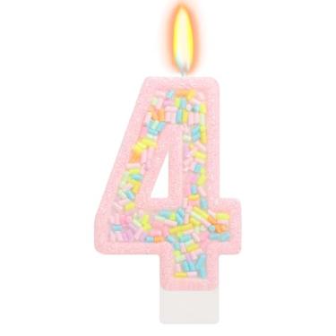 Imagem de ElekFX Vela de aniversário número 4 com granulados, topo de bolo arco-íris unicórnio rosa pastel, decorações de festa Sweet Candyland para meninas e meninos 4 anos