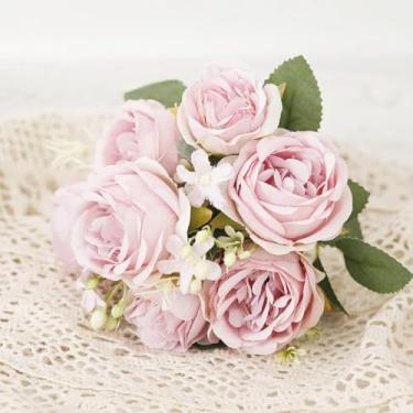 Imagem de Flores artificiais de peônia de seda, buquê de rosas, decoração de Natal para casa, arranjos florais falsos para casamento, jardim, guirlanda para festa, acessórios faça você mesmo (rosa claro)