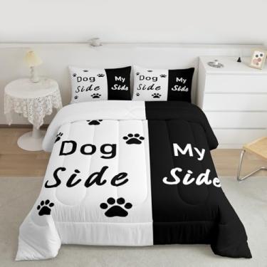 Imagem de Feelyou Conjunto de cama macio para meninos e meninas, conjunto de edredom para amantes de cães, tamanho casal, preto, branco, microfibra, fofo, cachorrinho, patas, decoração de quarto, engraçado, 3