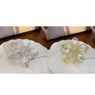 Imagem de Grampo de Cabelo Flor Frangipani Colorida Presilha Feminina Acrílica, Acessório de Praia e Resort para Mulheres(Branco+Amarelo)