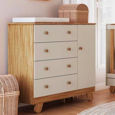 Imagem de Cômoda Infantil 1 Porta 4 Gavetas 100% Mdf 95cm Levy Espresso Móveis Amêndoa/Off-White