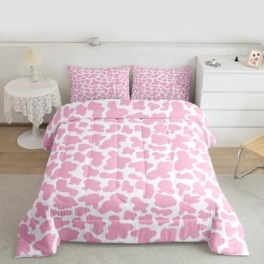 Imagem de Feelyou Conjunto de edredom Queen com estampa de vaca, rosa, branco, para crianças, meninos, meninas, estampa animal, 3 peças com 2 fronhas