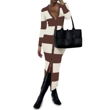 Imagem de Vestido de suéter Saodimallsu listrado com decote em V, botão, café, f