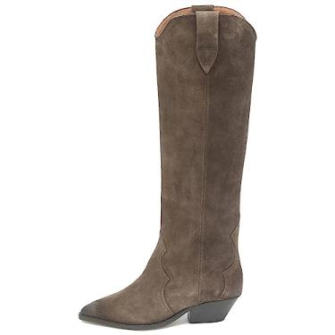 Imagem de YIYA Western Suede Cowboy Bota feminina clássica bico fino cowgirl bota feminina cano médio para mulheres, Camurça marrom, 39