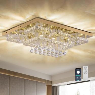 Imagem de KINGTORO Lustre De Cristal Dourado 32" Com Controle Remoto, Luminária Retangular Embutida, K9, Led Moderno Em Formato Gota Chuva Para Sala Jantar E Quarto