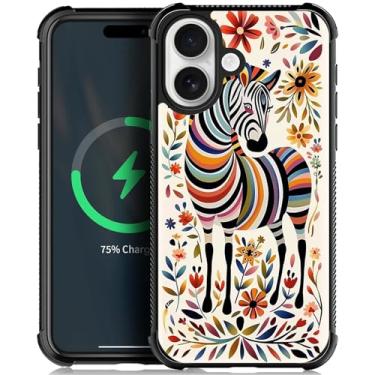 Imagem de CARLOCA Capa para iPhone lzqpa compatível com Magsafe Zebra Folk Art Line Color com estampa de flor para menina, ultra proteção à prova de choque de silicone macio TPU antiderrapante traseira