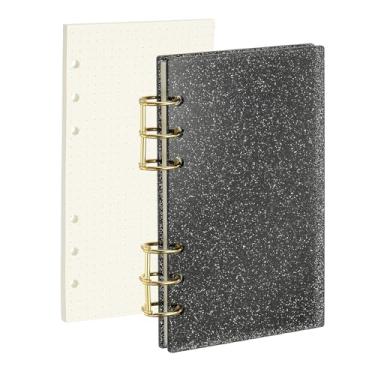 Imagem de PATIKIL Capa para caderno com 6 anéis, fichário acrílico com glitter A6, 2 anéis redondos de metal dourado com 90 folhas, papéis internos de pontos para planejador de viagem e escritório, preto